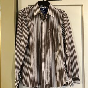 Brown and white striped American Eagle button down shirt—L